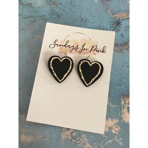 BLACK Gold Trim Heart Earrings NEW